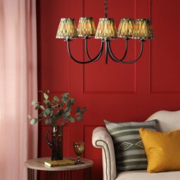 Dar Lighting Becca 5 Light Ceiling Pendant In Matt Black With Red And Green Shades