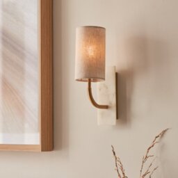 Modern Round Arm Wall Light In Vintage Brass And White Marble With Natural Cylindrical Shade
