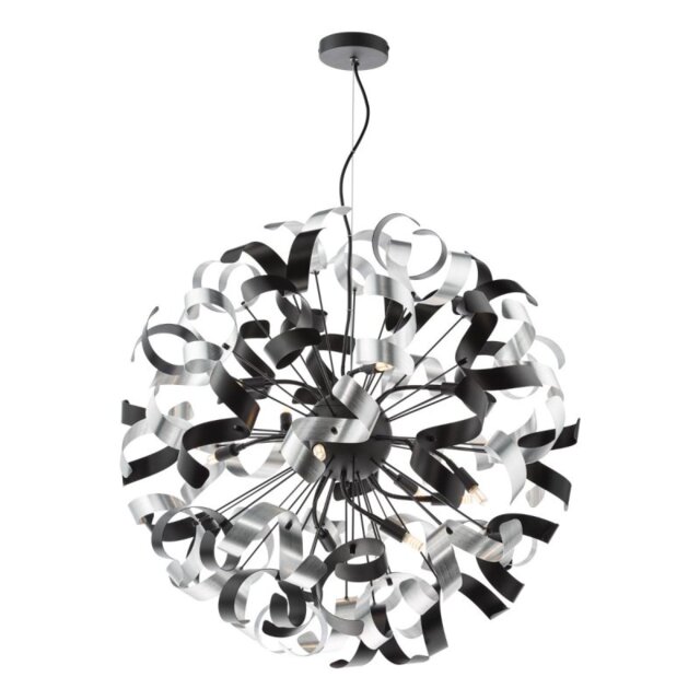 Dar Lighting Swash 12 Light Ceiling Pendant In Matt Black With Black And Aluminium Ribbons