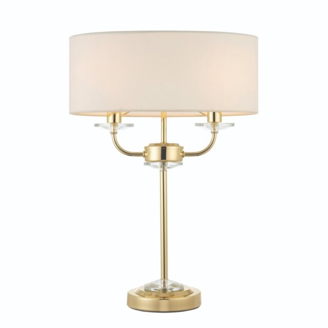 Endon 70564 Nixon 2 Light Table Lamp In Brass With Crystal Glass And Vintage White Faux Silk Shade