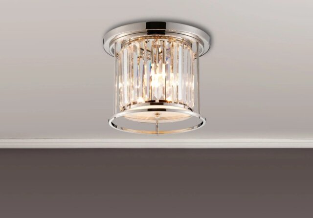 Crown 36 cm Flush Ceiling Light In Polished Nickel Finish With Clear Crystal Glass