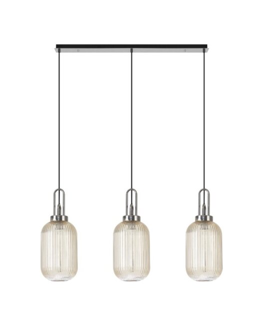 Glenn 3 Light Tubular Linear Pendant in Polished Nickel With Champagne Ribbed Glass