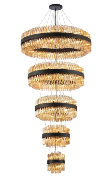 Hampton 5 Tier Ceiling Pendant Light In Satin Black With Amber Glass 25+40+60+80+100cm