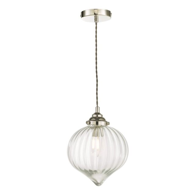 Dar Lighting Mya Single Ceiling Pendant In Nickel Finish With Ribbed Droplet Glass