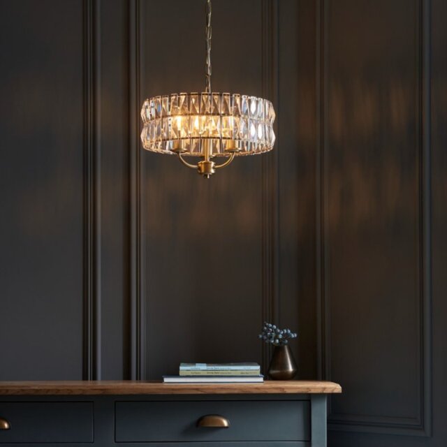 Endon 106243 Clifton 3 Light Crystal Ceiling Pendant Light In Antique Brass Finish