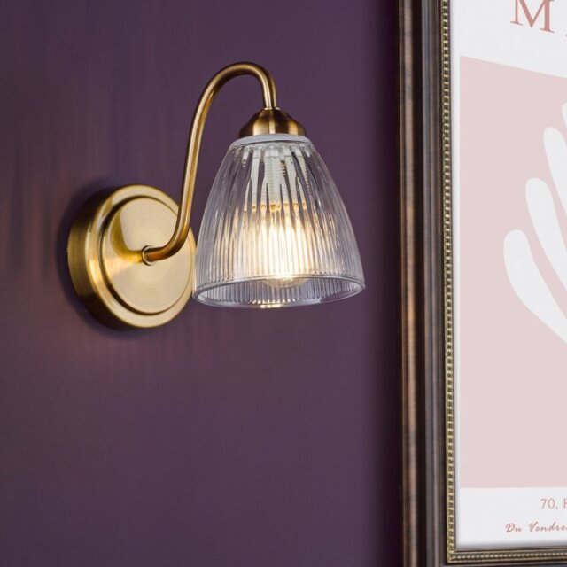 Dar Lighting Glynis Wall Light In Antique Bronze With Ribbed Glass Shade