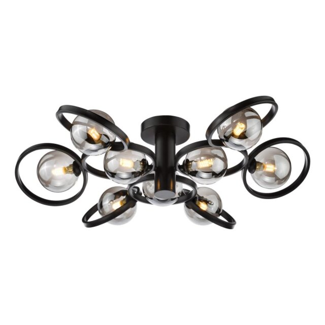 Dar Wisebuys Lynette 9 Light Semi Flush Ceiling Light In Satin Black With Smoked Glass