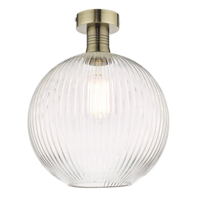 Dar Lighting Emerson Semi Flush Ceiling Light In Antique Brass With Round Ribbed Glass EME4875-E02