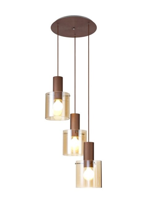 Nordic 3 Light Ceiling Pendant Light in Mocha Finish With Amber Glass