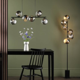 Dar Lighting Spiral 6 Light Bar Ceiling Pendant In Matt Black With Ribbed Glass Shade