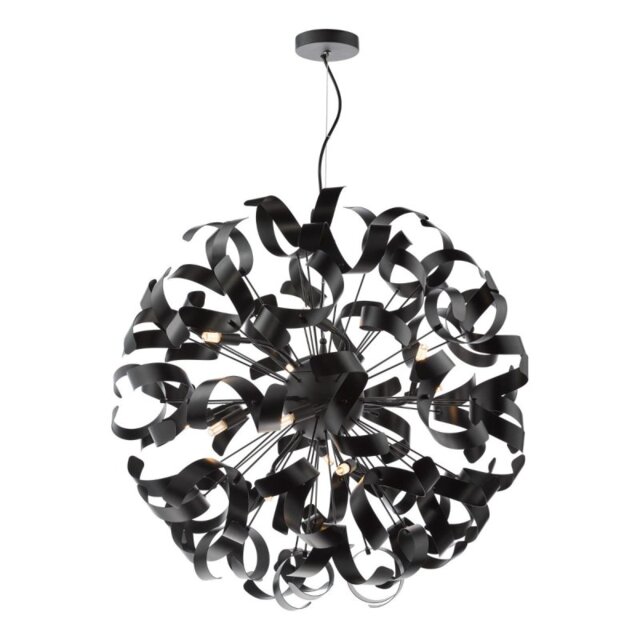 Dar Lighting Swash 12 Light Ceiling Pendant In Matt Black With Black Ribbons