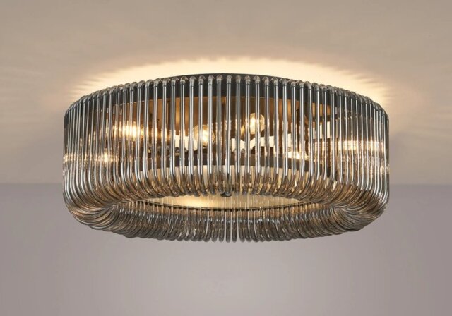 Verne 60 cm Round Flush Ceiling Light In Black Finish With Smoked Glass