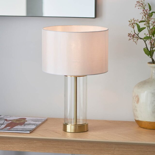 Endon 98810 Lessina Small Touch Table Lamp In Satin Brass With Vintage White Fabric Shade