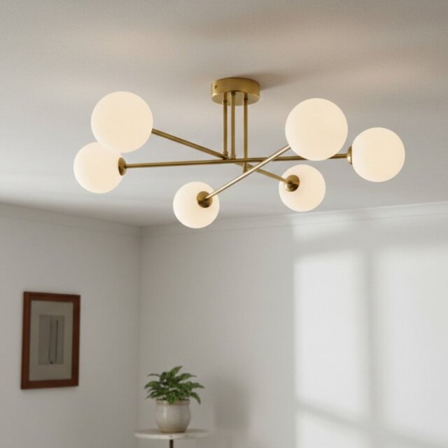 Firstlight 6911BB Lando 6 Light Flush Ceiling Light In Brushed Brass Finish With Opal White Glass