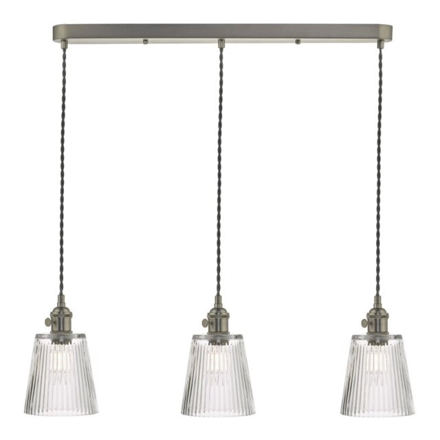 Dar Lighting Hadano 3 Light Bar Ceiling Pendant Light In Antique Chrome With Ribbed Glass Shades