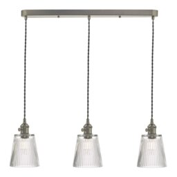 Dar Lighting Hadano 3 Light Bar Ceiling Pendant Light In Antique Chrome With Ribbed Glass Shades