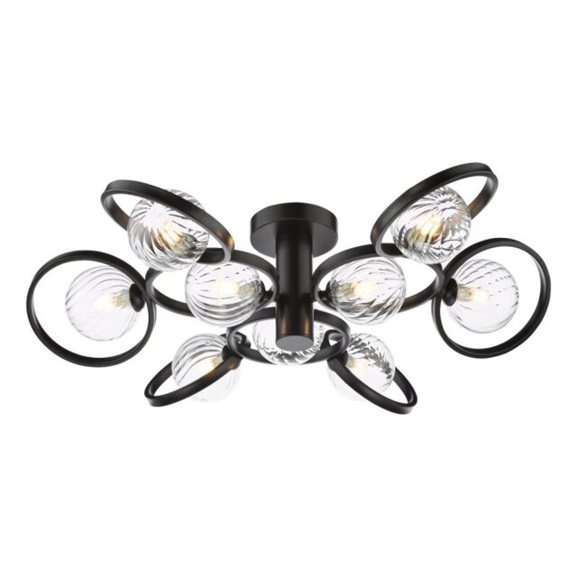 Dar Wisebuys Lynette 9 Light Semi Flush Ceiling Light In Satin Black With Twisted Glass