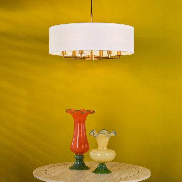 Dar Lighting Tyler 6 Light Ceiling Pendant In Antique Bronze With White Linen Shade