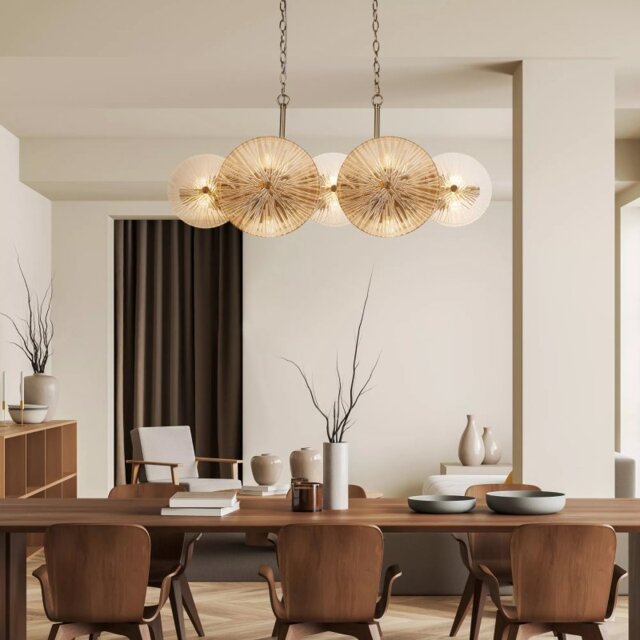 Searchlight Wagon Wheel 10 Light Bar Ceiling Pendant Light In Bronze Finish With Amber Glass