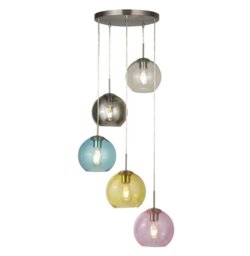 Searchlight 8135-5SS Mardi Gras 5 Light Cluster Pendant In Satin Silver With Coloured Glass