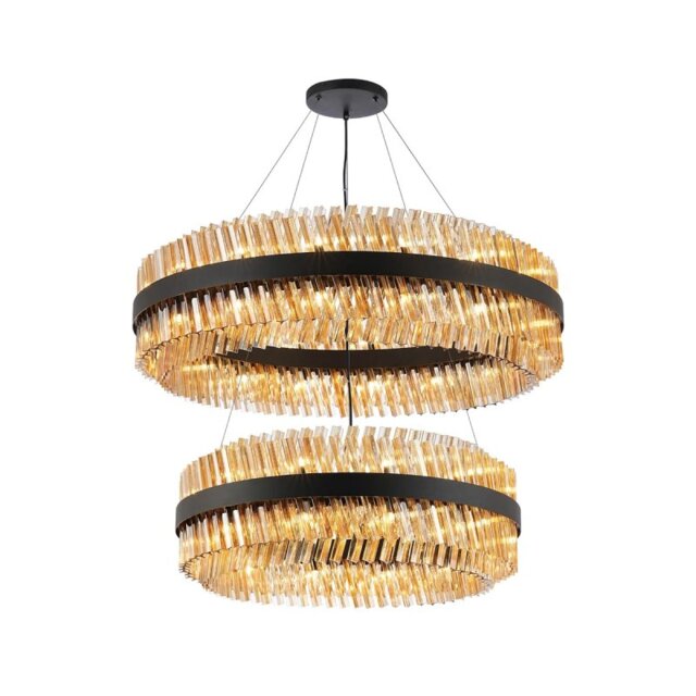 Hampton 2 Tier Ceiling Pendant Light In Satin Black Finish With Amber Glass 80+100cm