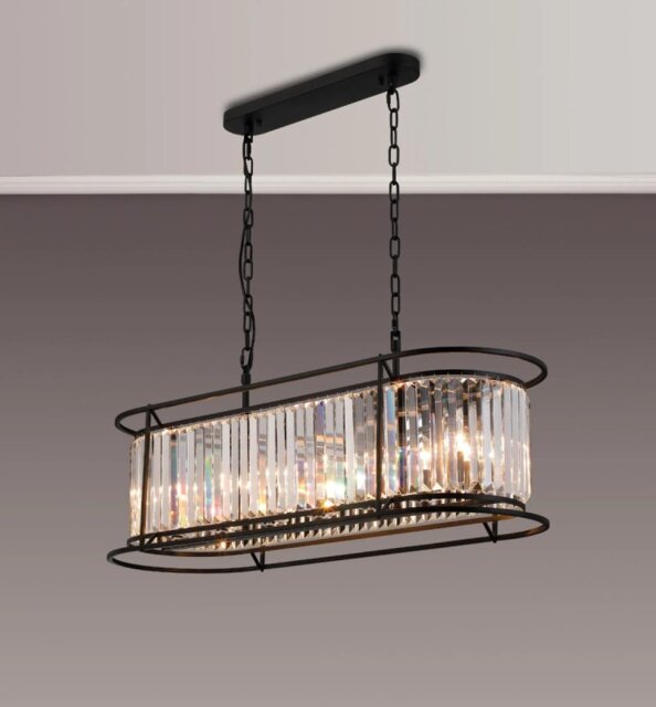 Crown Oval Convertible Pendant Or Semi Flush Light In Black Finish with Crystal Glass