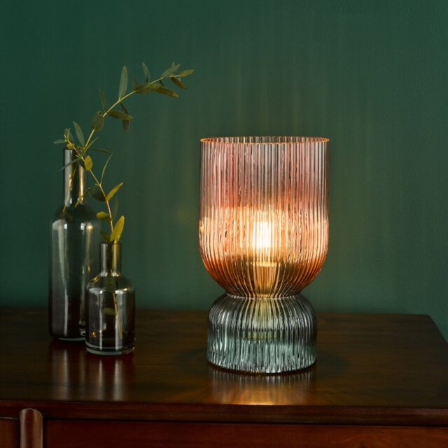 Dar Lighting Rhubarb Table Lamp In Pink And Green Ribbed Glass