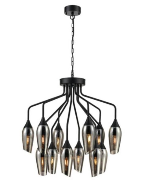 Franklite FL2420-12/345 Taper 12 Light Ceiling Pendant Light In Matt Black With Smoked Glass