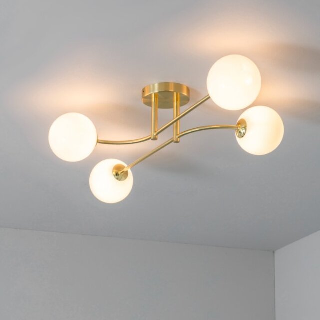 4 Light Semi Flush Ceiling Light In Brushed Brass Plate And Gloss White Glass