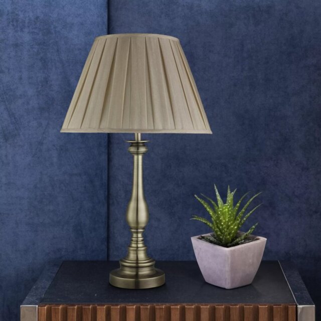 Searchlight Flemish Table Lamp In Antique Brass Finish With Grey Pleated Shade
