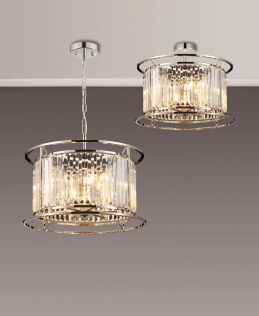 Crown 50 cm Convertible Pendant Or Semi Flush Light In Polished Nickel Finish with Crystal Glass
