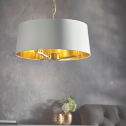 Endon Harvey 67667 3 Light Ceiling Pendant In Brushed Gold With A Vintage White Faux Silk Shade
