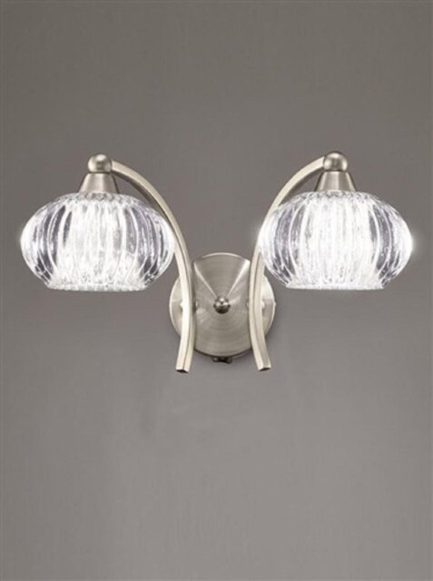 Franklite FL2335/2 Ripple 2 Light Wall Light In Satin Nickel With Clear Ribbed Glass Shades