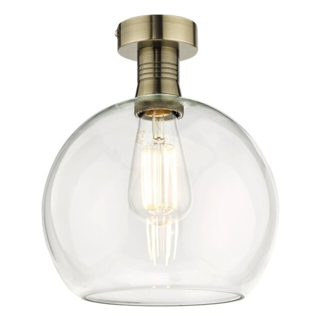 Dar Lighting Emerson Semi Flush Ceiling Light In Antique Brass With Round Clear Glass EME4875-E03