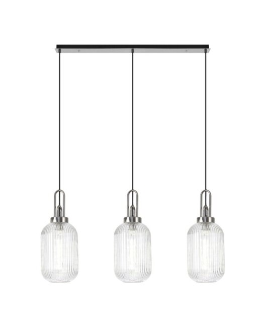 Glenn 3 Light Tubular Linear Pendant in Polished Nickel With Clear Ribbed Glass