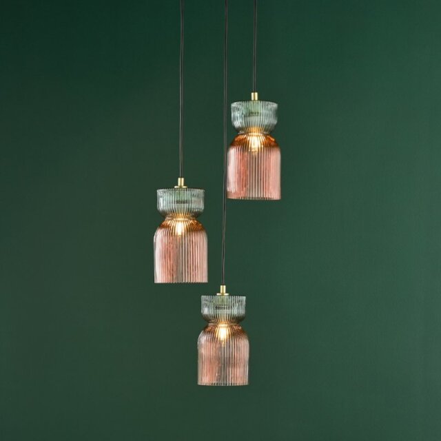Dar Lighting Rhubarb 3 Light Cluster Pendant In Pink And Green Ribbed Glass