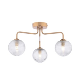 Dar Lighting Feya 3 Light Semi Flush Ceiling Light In Antique Bronze With Ribbed Glass