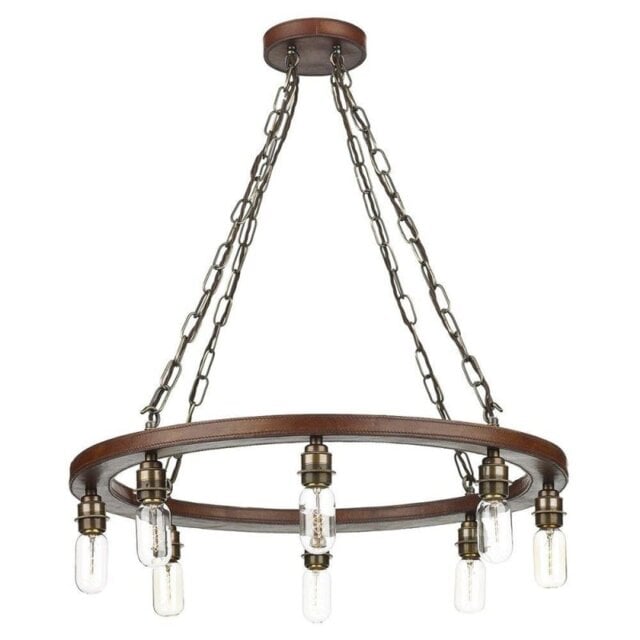 David Hunt Lighting SAD0883 Saddler 8 Light Pendant In Brown Leather Effect, Fitting Only