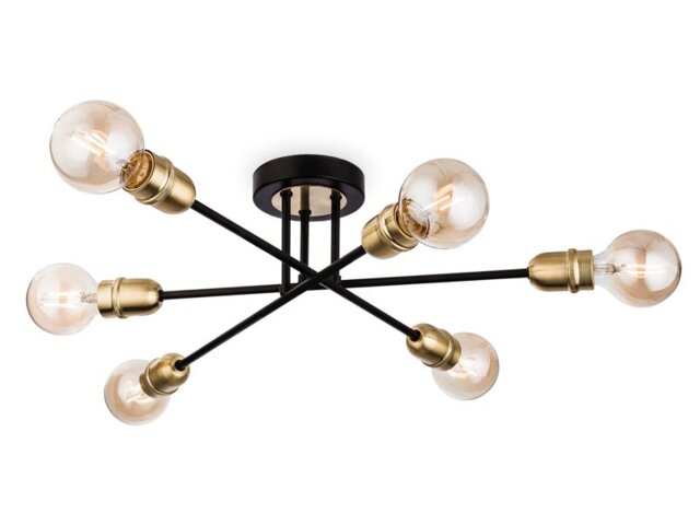 Firstlight 3701BK Trident 6 Light Flush Ceiling Light In Black With Brushed Brass