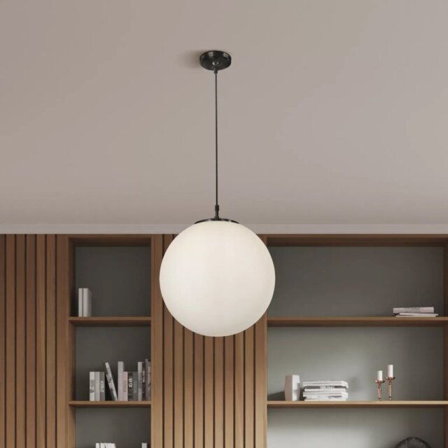 Searchlight 6099 Atom Ceiling Pendant Light In Matt Black With Opal Shade - Dia: 400mm