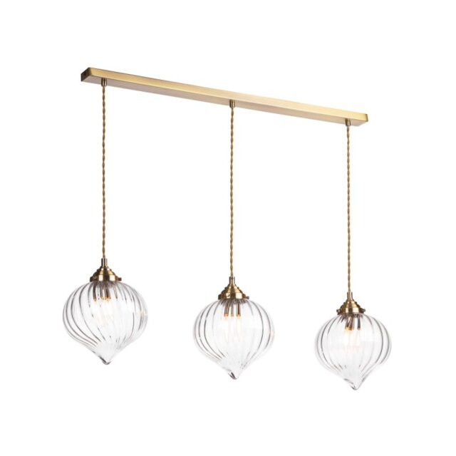 Dar Lighting Mya 3 Light Bar Ceiling Pendant Light In Antique Brass Finish With Glass Shades