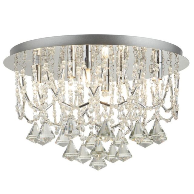 Searchlight 9986-6CC Mela Six Light Semi Flush Ceiling Light In Chrome With Crystal Glass Droplets