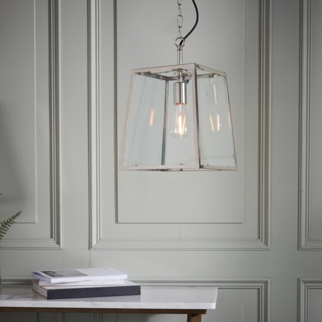 1 Light Ceiling Lantern Pendant In Bright Nickel Plate And Clear Glass
