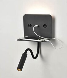 Franklite WB113 LED Reading Wall Light With A Shelf And USB Port In Matt Black Finish
