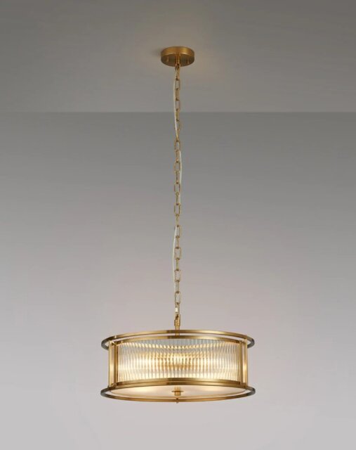 Arcade 50 cm Round Convertible Ceiling Light In Brass Finish With Clear Ribbed Glass Panels