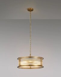 Arcade 50 cm Round Convertible Ceiling Light In Brass Finish With Clear Ribbed Glass Panels