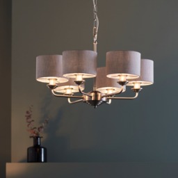 Highclere 6 Light Ceiling Pendant Light In Brushed Chrome Finish And Natural Linen Shade