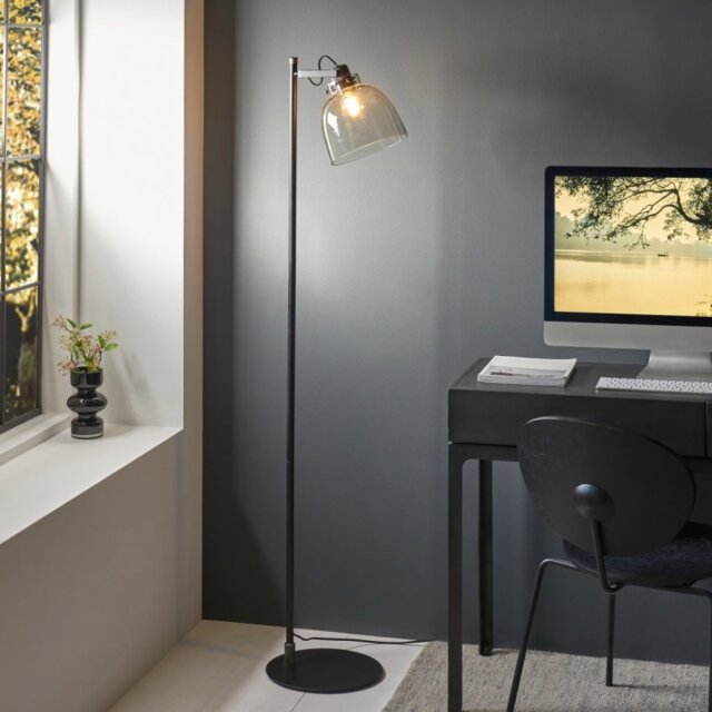Endon 107013 Urban Task Floor Lamp In Black Chrome With Smokey Grey Tinted Glass