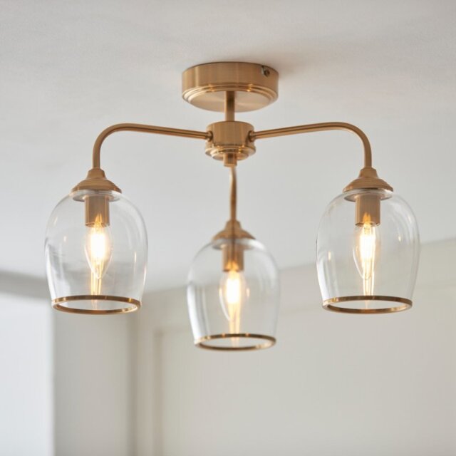 Endon 120616 Ashcroft 3 Light Semi Flush Ceiling Light In Brushed Aged Brass With Clear Glass