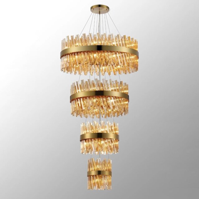 Hampton 4 Tier Ceiling Pendant Light In Brass Finish With Amber Glass 25+40+60+80cm